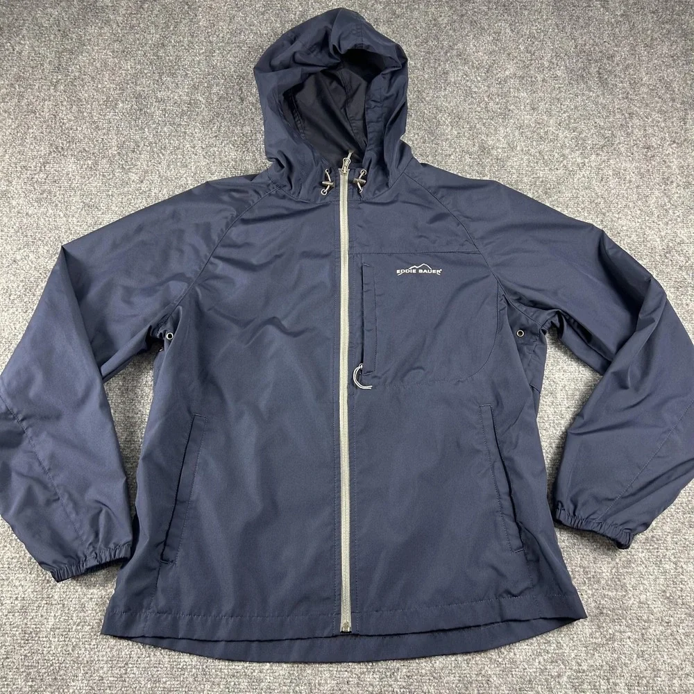 Eddie‎ Bauer Sport Jacket Mens Medium Blue Hooded Full Zip Windbreaker Shell